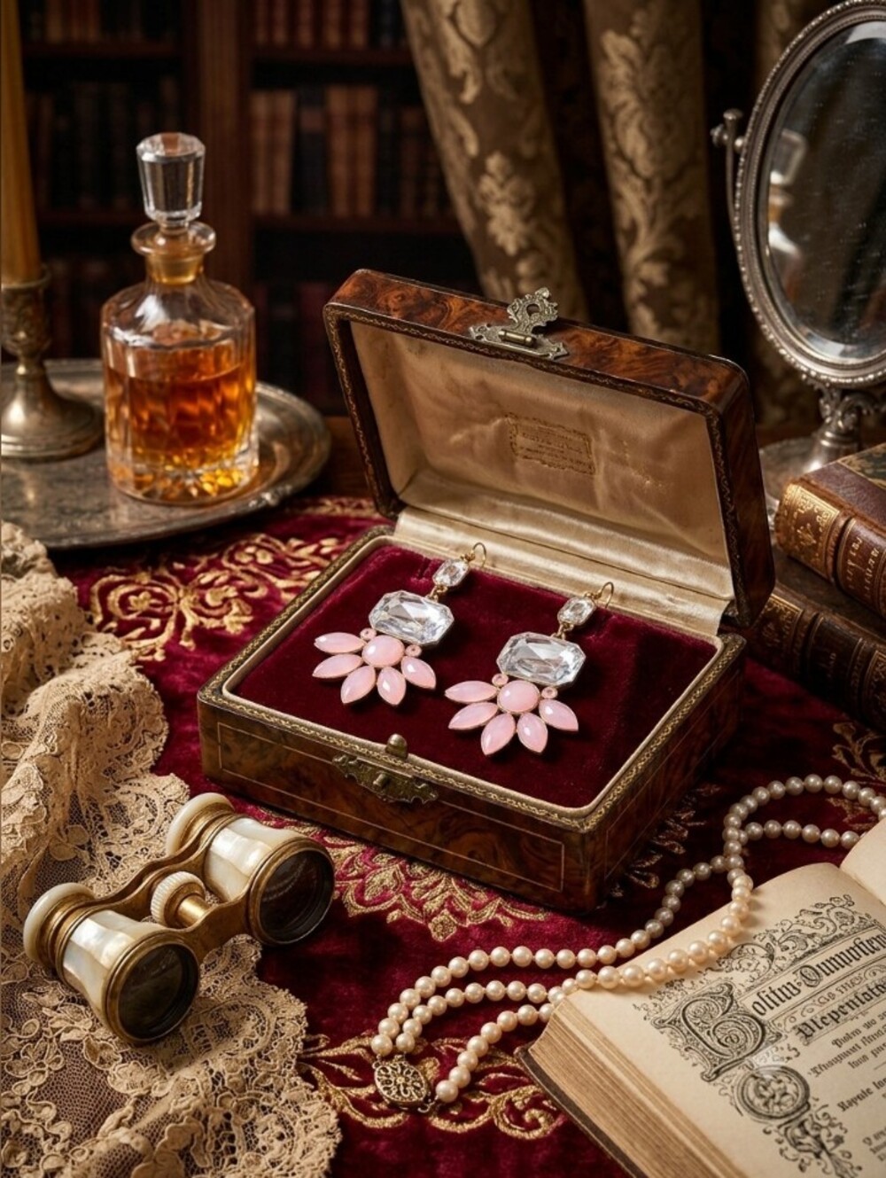 Vintage Gold and Pink Crystal Floral Drop Earrings